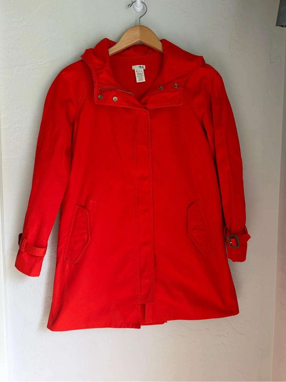 J. Crew Women's Lightweight Bright Red‎ Hooded Trench Coat Size 2